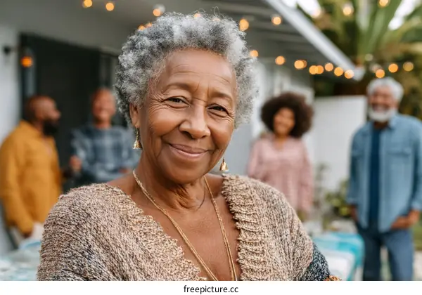 A Smiling Senior Woman with Family Outdoors