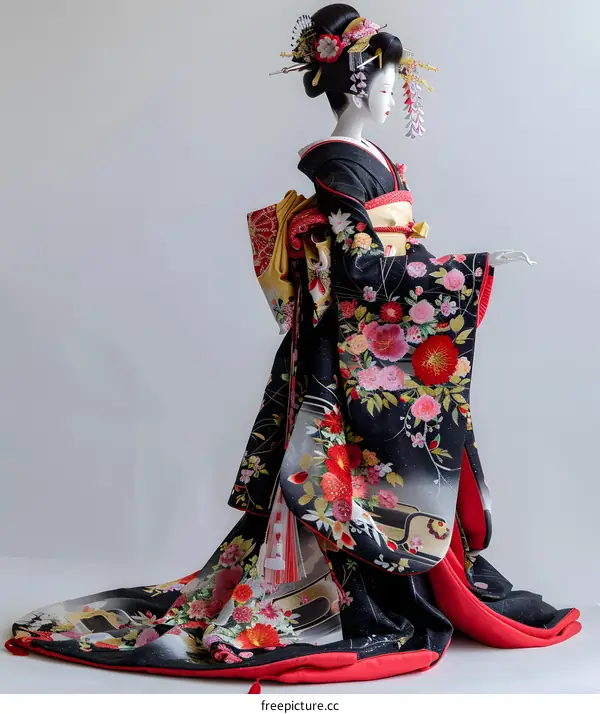 A Japanese doll wearing a black kimono with red and pink floral patterns