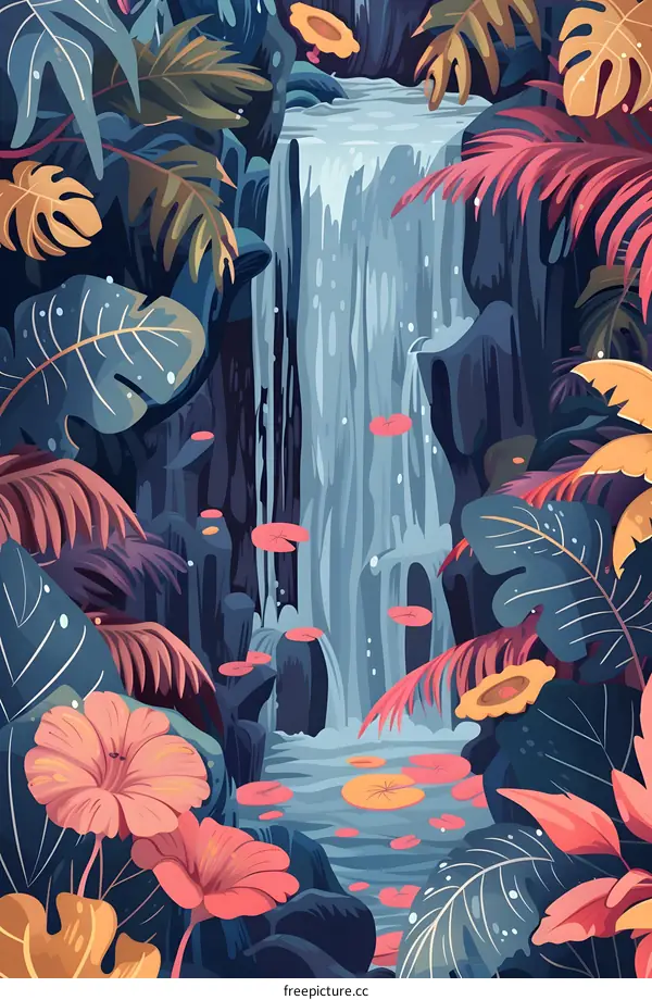 Jungle Waterfall Illustration with Lush Foliage and Colorful Flowers