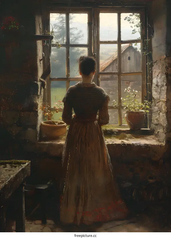 A woman standing in front of a window looking out at the countryside