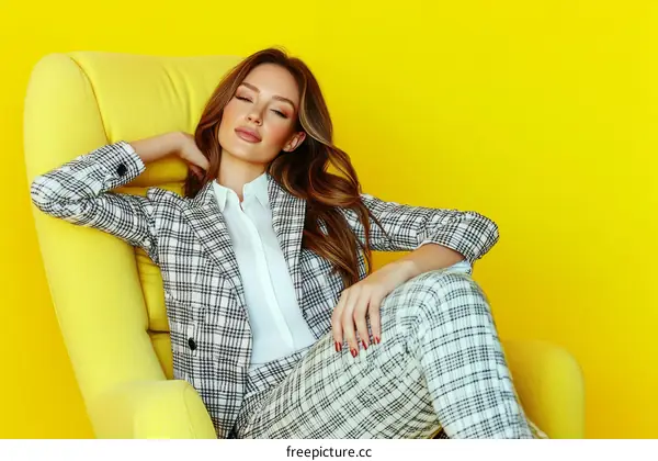 Fashionable Woman in Plaid Suit against Yellow Background
