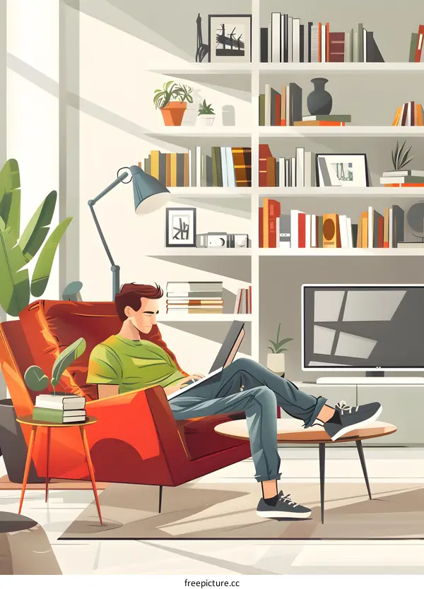 Man Relaxing In Armchair With Laptop In Living Room