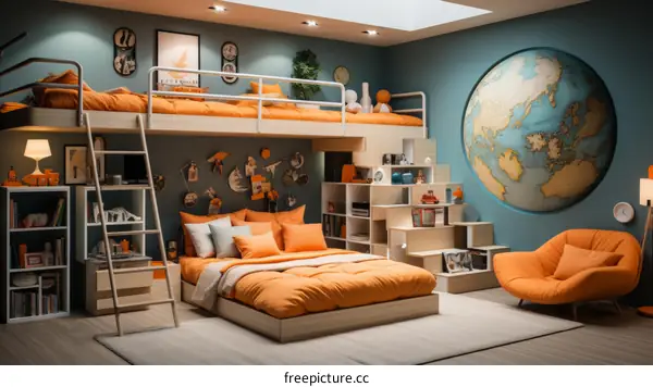 Bedroom decorated with bunk bed, globe, and orange chair