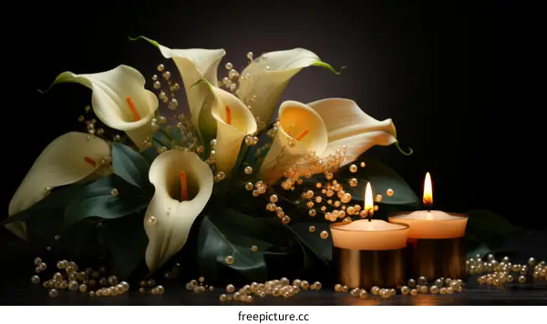 Elegant calla lilies adorned with burning candles
