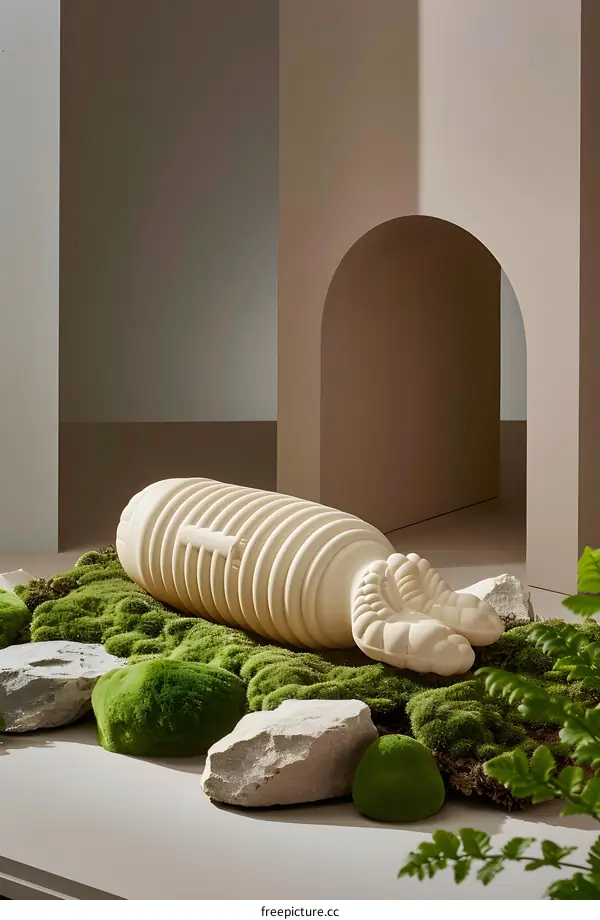 Abstract Sculpture on Green Moss with Stones and Minimalist Background