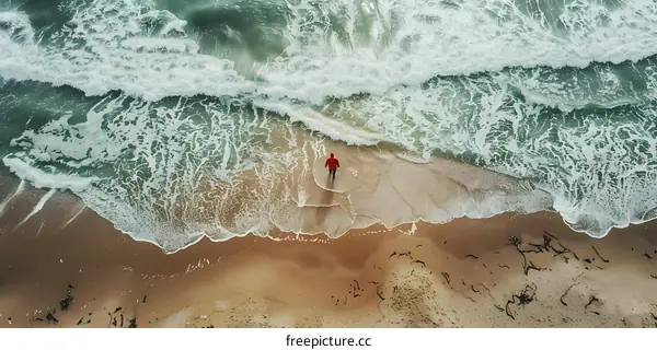 Aerial View of a Person Walking on a Beach with Waves