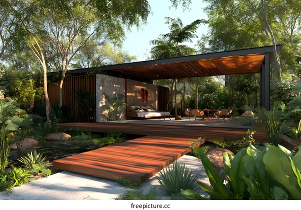 Tropical Garden With Wooden Deck And Bridge