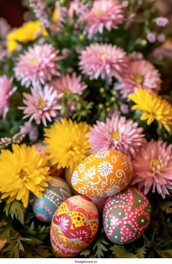 A beautiful bouquet of flowers with Easter eggs