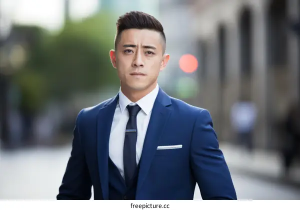 A young Asian man in a blue suit and tie is standing in the street looking at the camera.