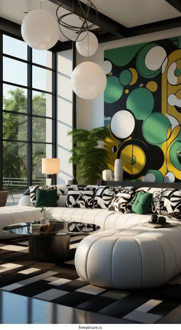 Modern living room interior design with green accent wall and large windows