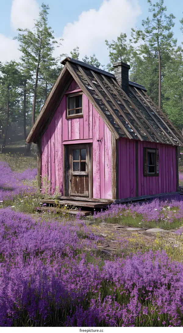 Pink Wooden Cabin in a Field of Lavender