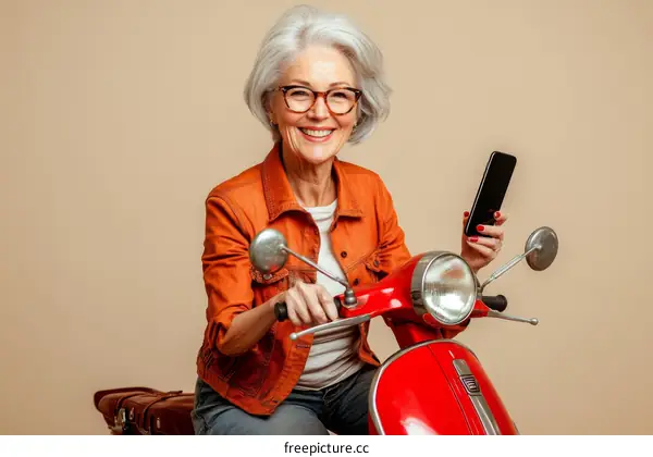 Senior Woman Riding a Vintage Scooter