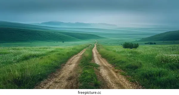 Dirt road through a verdant field