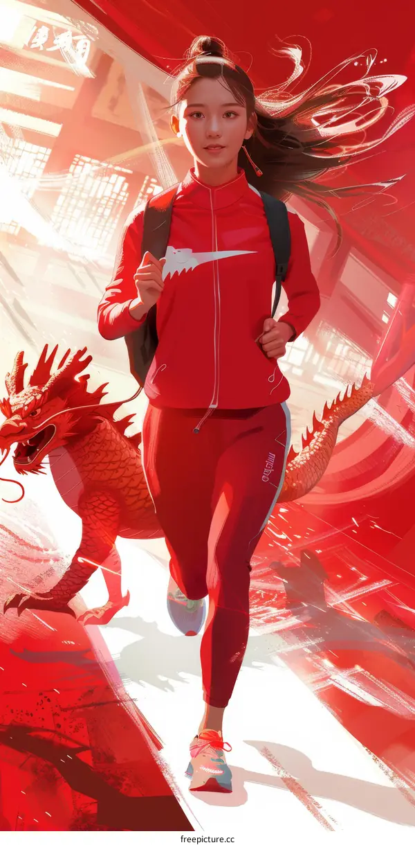A young Chinese woman running with a red dragon