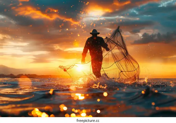 Fisherman silhouette at sunset with net in water