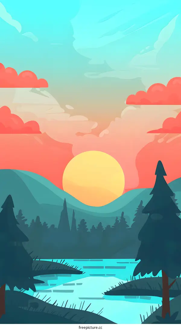 Sunset Landscape with Mountains, Trees, and a Lake