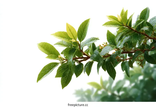 Fresh Green Leaves Branching Out Against White Background