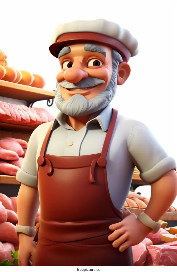 A butcher shop owner wearing a white hat and apron stands in front of a display of meat.