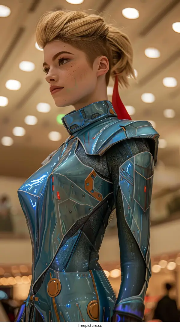 portrait of a young woman with short blonde hair and blue eyes wearing a futuristic outfit