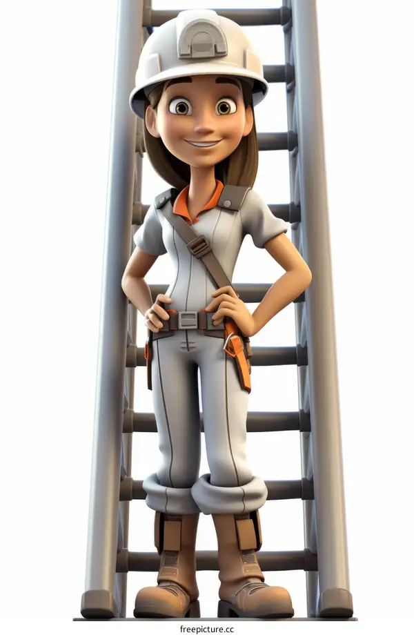 A female construction worker standing on a ladder