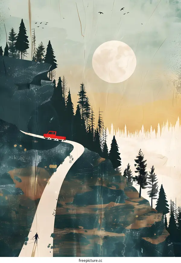 Silhouette of a Man and Truck on a Winding Road in Forest