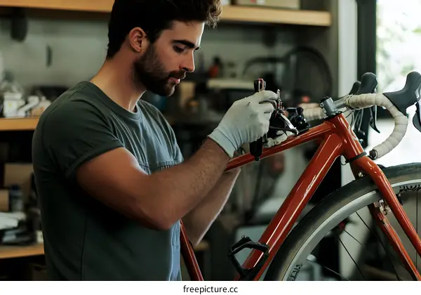 Man Working on a Red Bicycle in a Workshop