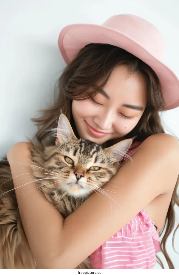A young woman is hugging a Maine Coon cat