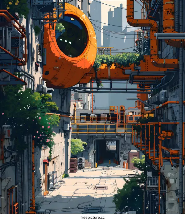 Futuristic City Alleyway with Orange Pipes and Buildings