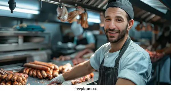 Middle Eastern chef standing in front of sausages