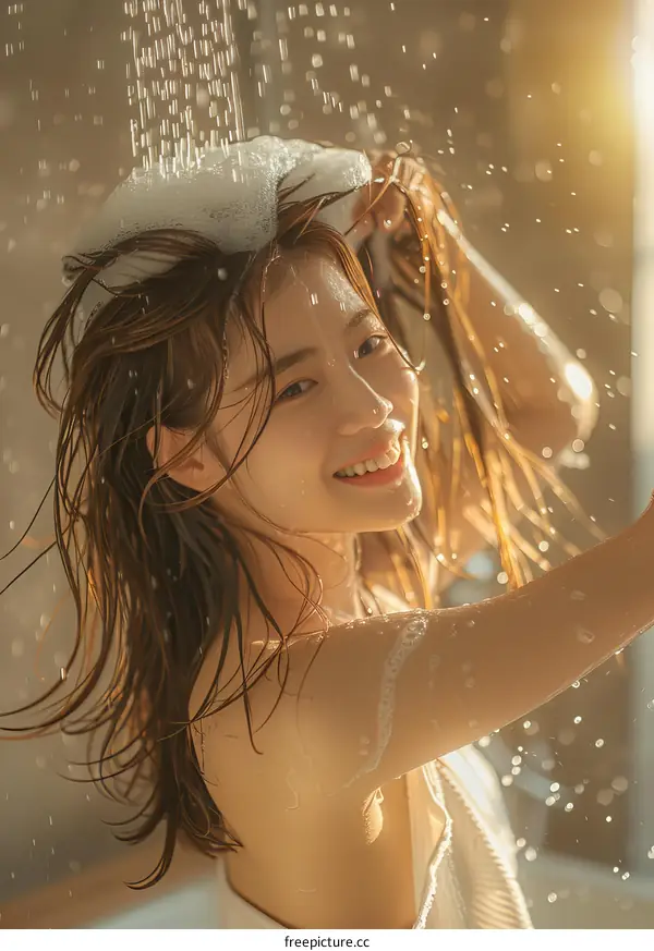 Woman Taking a Shower with Shampoo and Water Splashing
