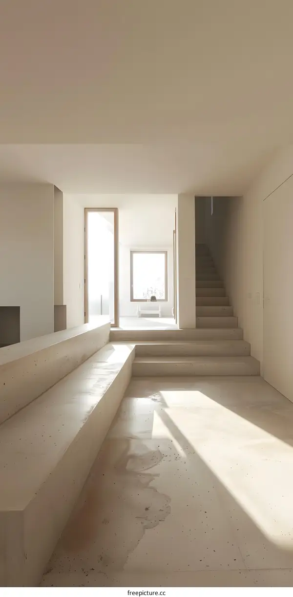 Modern Minimalist Home Interior Design with Concrete Stairs and Sunlight