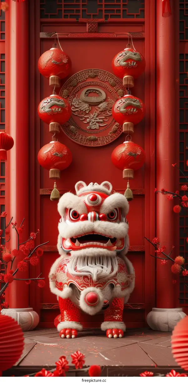 Red and Gold Chinese Lion Statue with Red Background