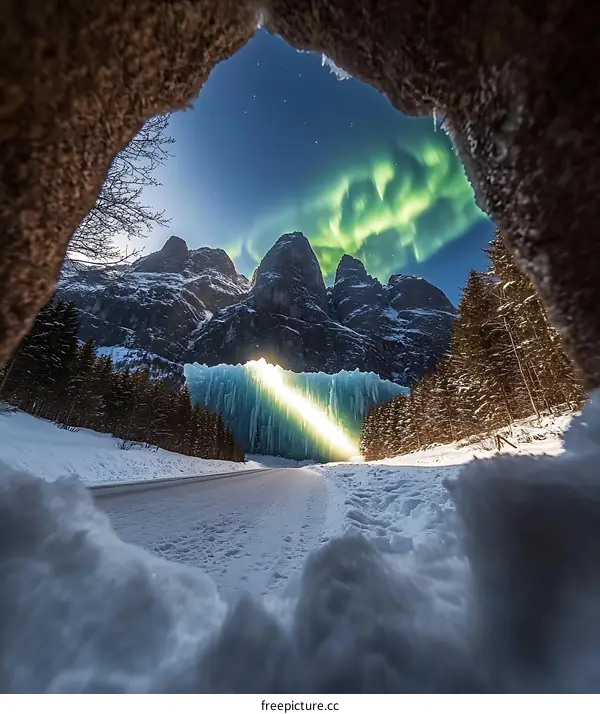 Frozen Waterfall Under Aurora Borealis