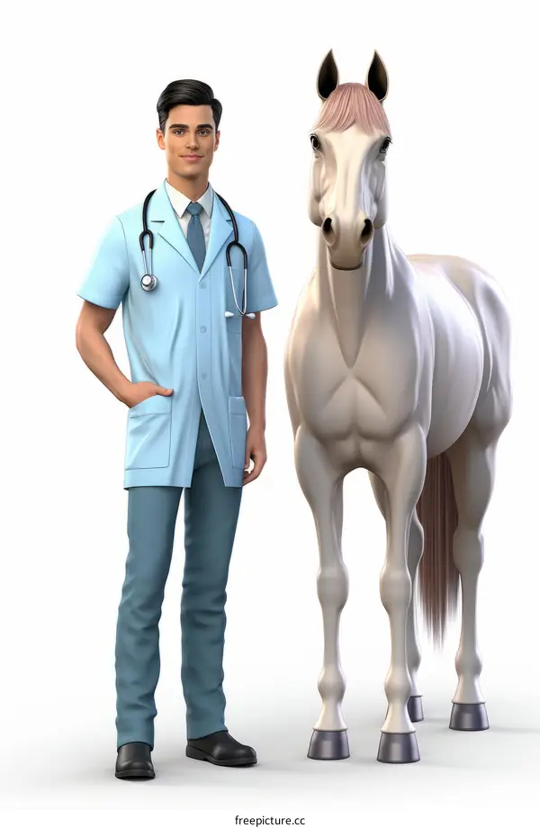 A male veterinarian standing with a white horse