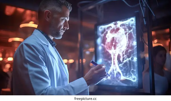 Radiologist analyzing a brain scan image on a digital screen