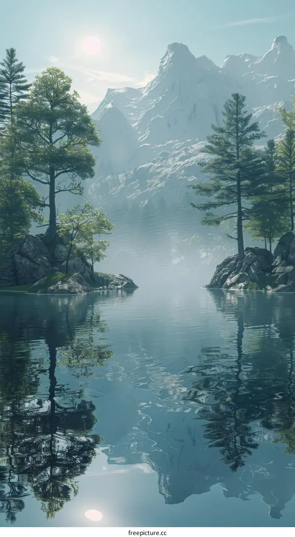 Tranquil Lake in Misty Mountain Landscape with Pine Trees Reflected in Water