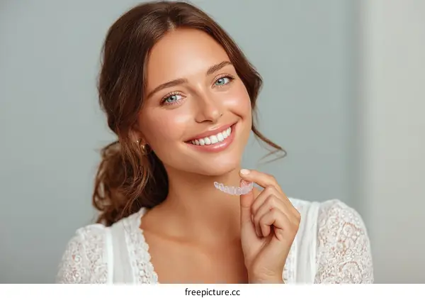 Young Woman Holding Invisible Aligner for Teeth Straightening