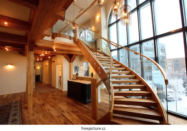 Modern Wooden Spiral Staircase in a Spacious Lobby