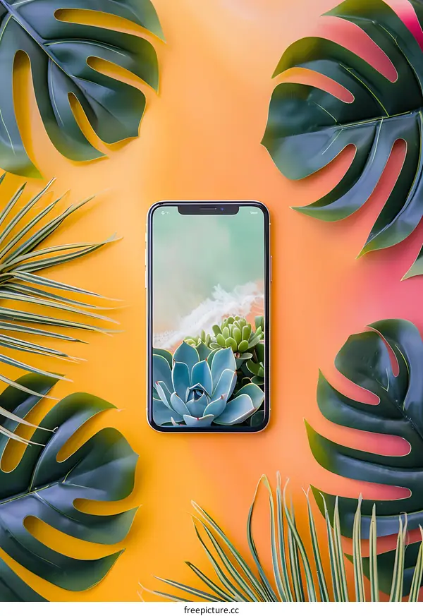 Tropical Leaves with a Smartphone Displaying Succulents and Beach Scene
