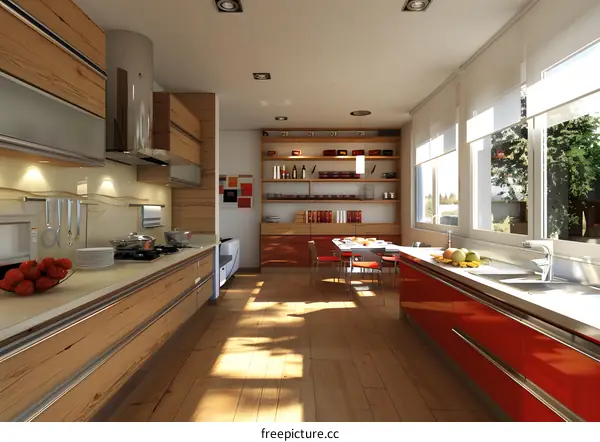 Modern Kitchen Design with Red Cabinets and Wood Flooring