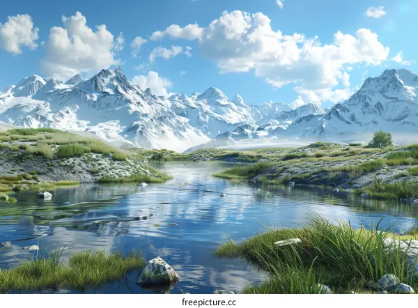 Magnificent Snow-Capped Mountains with Serene Lake and Azure Sky