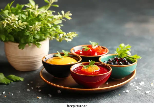 Assortment of Colorful Dips and Sauces on a Tray