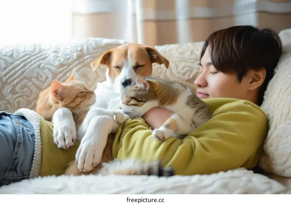 A young man is sleeping on a couch with a cat and a dog