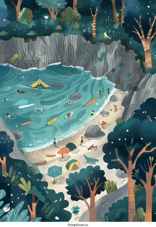 Summertime Illustration of a Tropical Beach With People