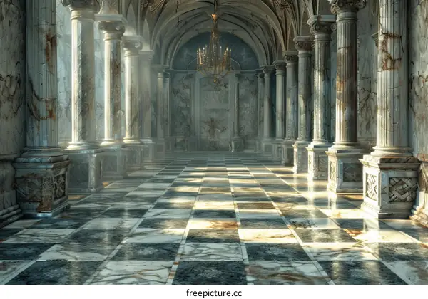 Lavish Hallway with Marble Columns and Checkered Floor Tiles