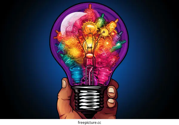 A hand holding a light bulb with gears and cogs inside representing creative ideas