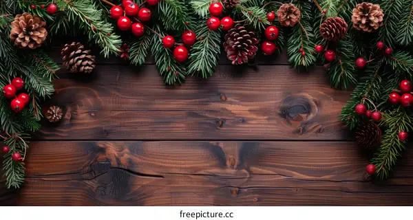Christmas Background with Fir Branches, Cones, and Berries