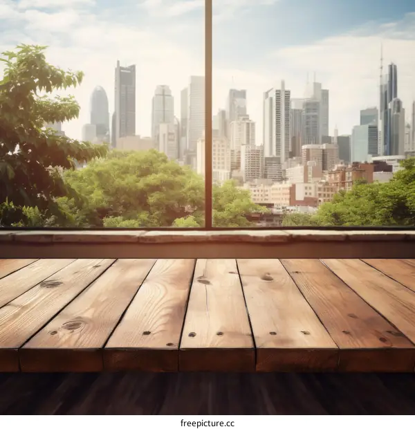 An empty wooden table with a view of the city