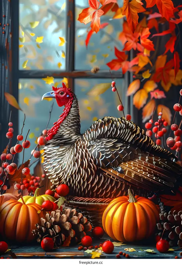A Thanksgiving turkey sits in a basket surrounded by pumpkins and gourds.