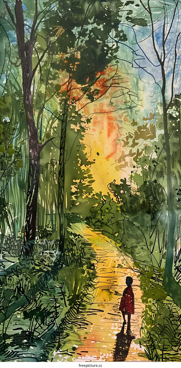 Watercolor Painting of a Person Walking on a Path in a Forest